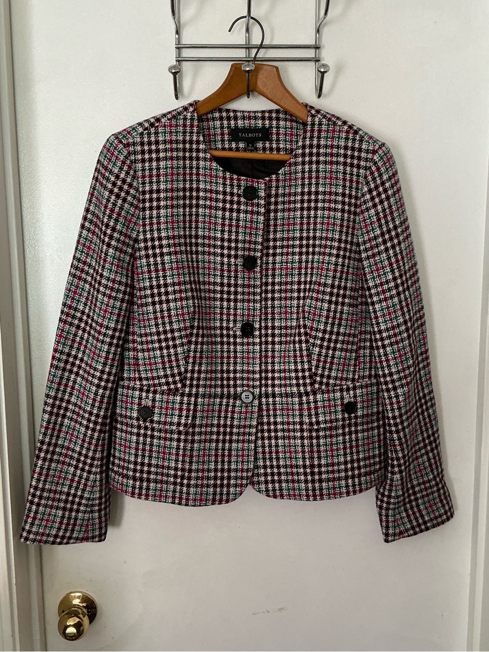 Talbots Black, Pink & White Houndstooth Collarless Blazer